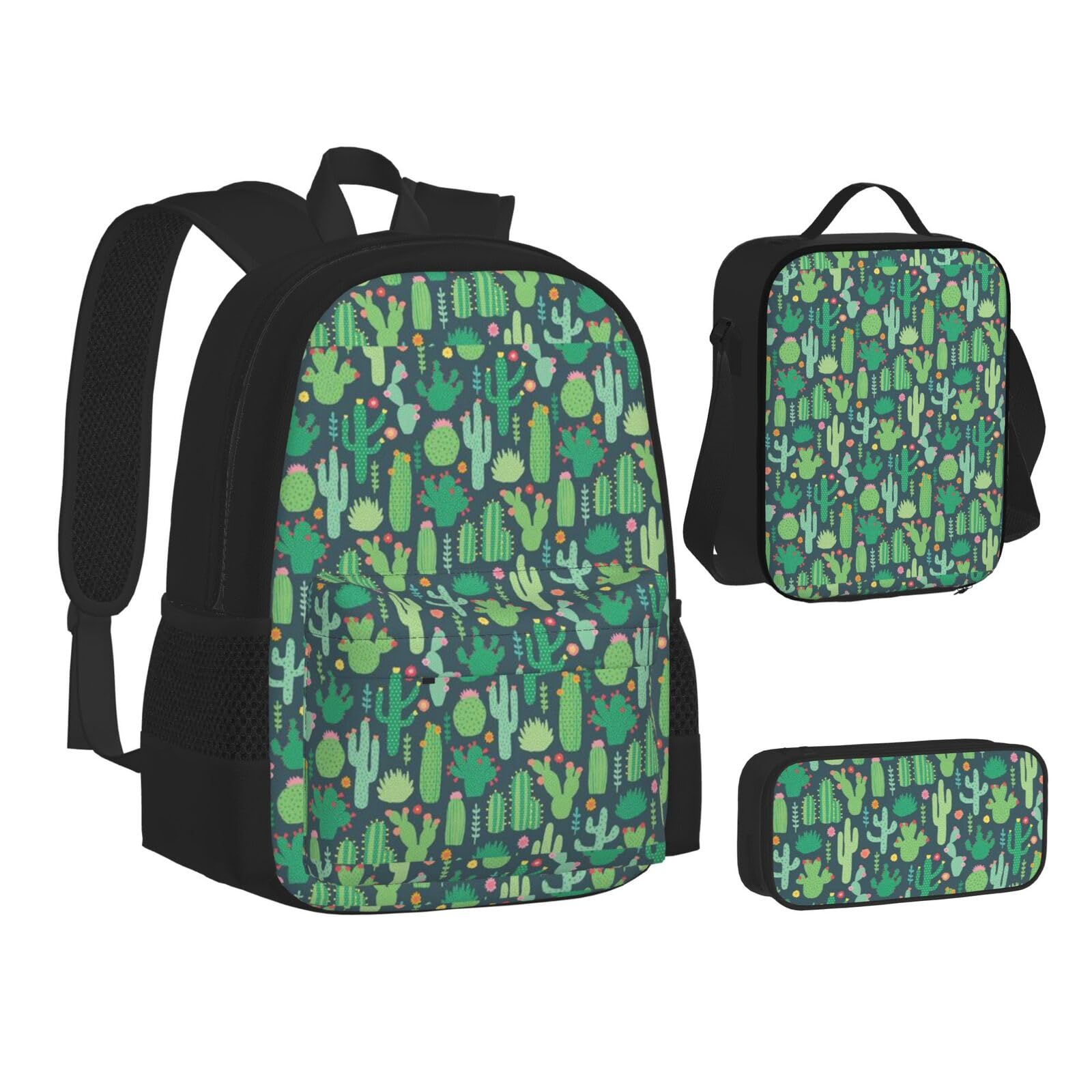 WURTON Niedliche Kaktus-Büchertasche, Federmäppchen, nahtlos, Illustrationsdruck, Teenager, 3-in-1, Schulrucksack-Set, Kinderrucksack