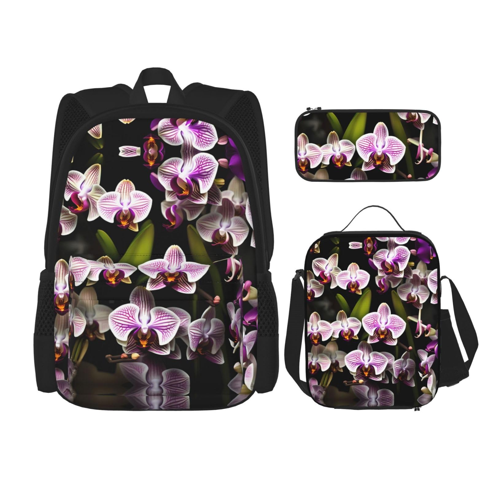 YQxwJL 3-in-1-Rucksack-Büchertaschen-Set, Cartoon-süßer Waschbär-Druck, lässiger Reiserucksack, mit Federmäppchen, Lunchtasche, Orchideen, Einheitsgröße