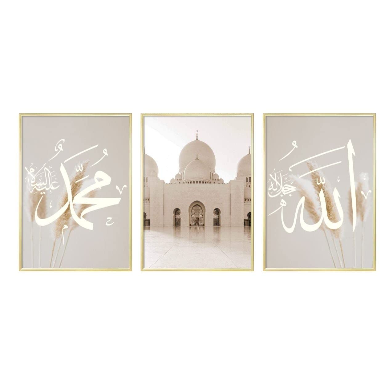 HAVA Artwork ® Poster Set, Islamische Poster, Islam Poster Set, Poster Set Islam, Islamische Bilder, Islamische Deko, Islam Deko, Bilderrahmen (3x 21x30cm mit Goldrahmen, Abu Dhabi Set)