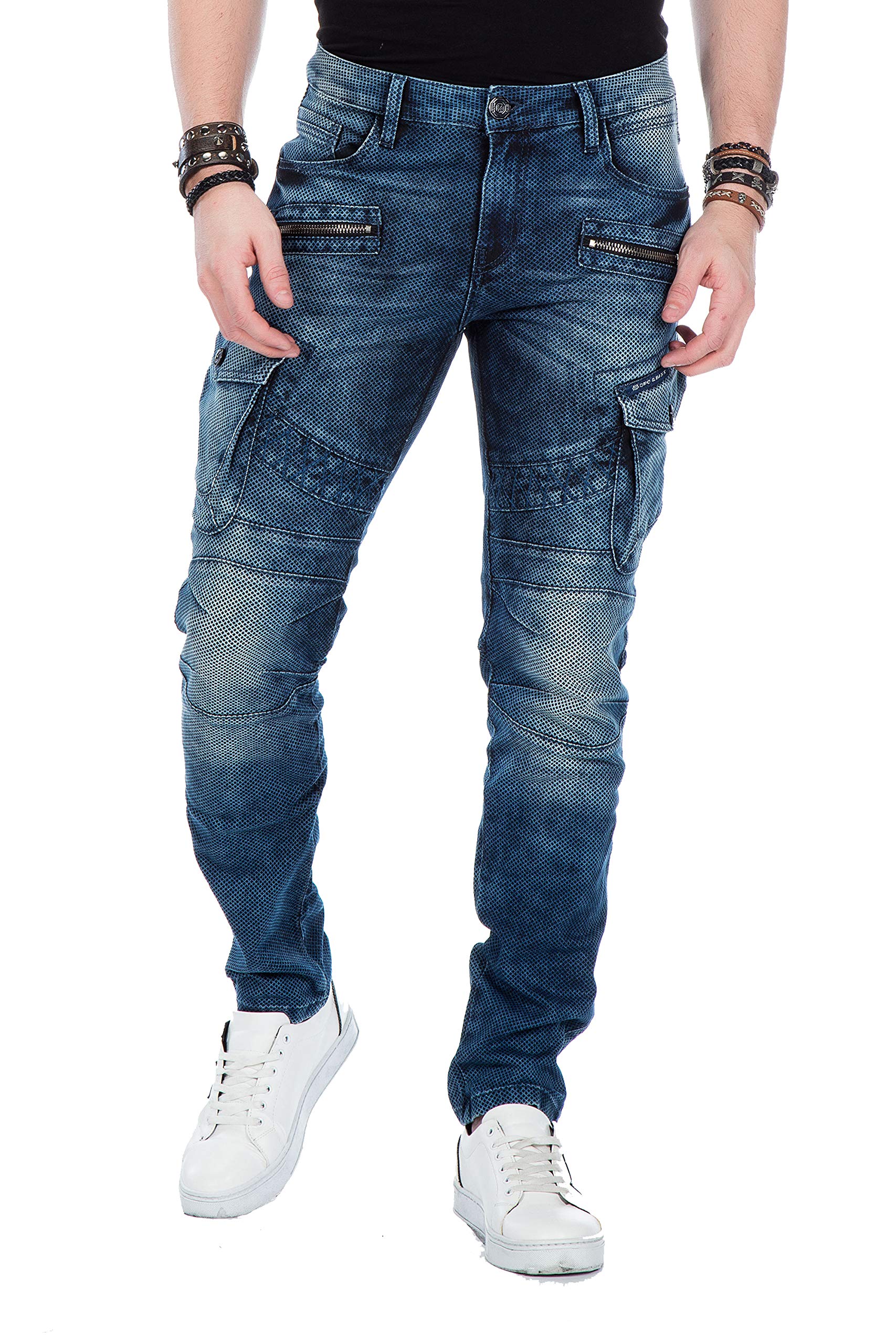 Cipo & Baxx Herren Jeanshose Biker Cargohose Jeanshose Skinny Fit Strech Denim Hose W32 L32 Blau