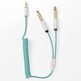 Candycord Audio Cable by myVolts, Straight Mini Jack to 2 x Straight Large Jack, Curly 40cm to 50cm, Mint Green Colour