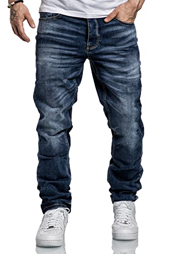 Amaci&Sons Herren Jeans Regular Straight Fit Denim Hose Destroyed A79084 Dunkelblau W36/L32