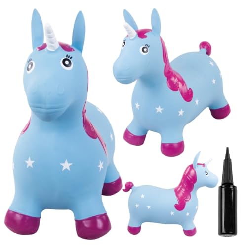 sun baby hüpftiere ab 1 Jahr mit Pumpe aufblasbares Hüpfspielzeug aus hochwertigem und strapazierfähigem Gummi, Verschiedene Designs (blaues Einhorn)