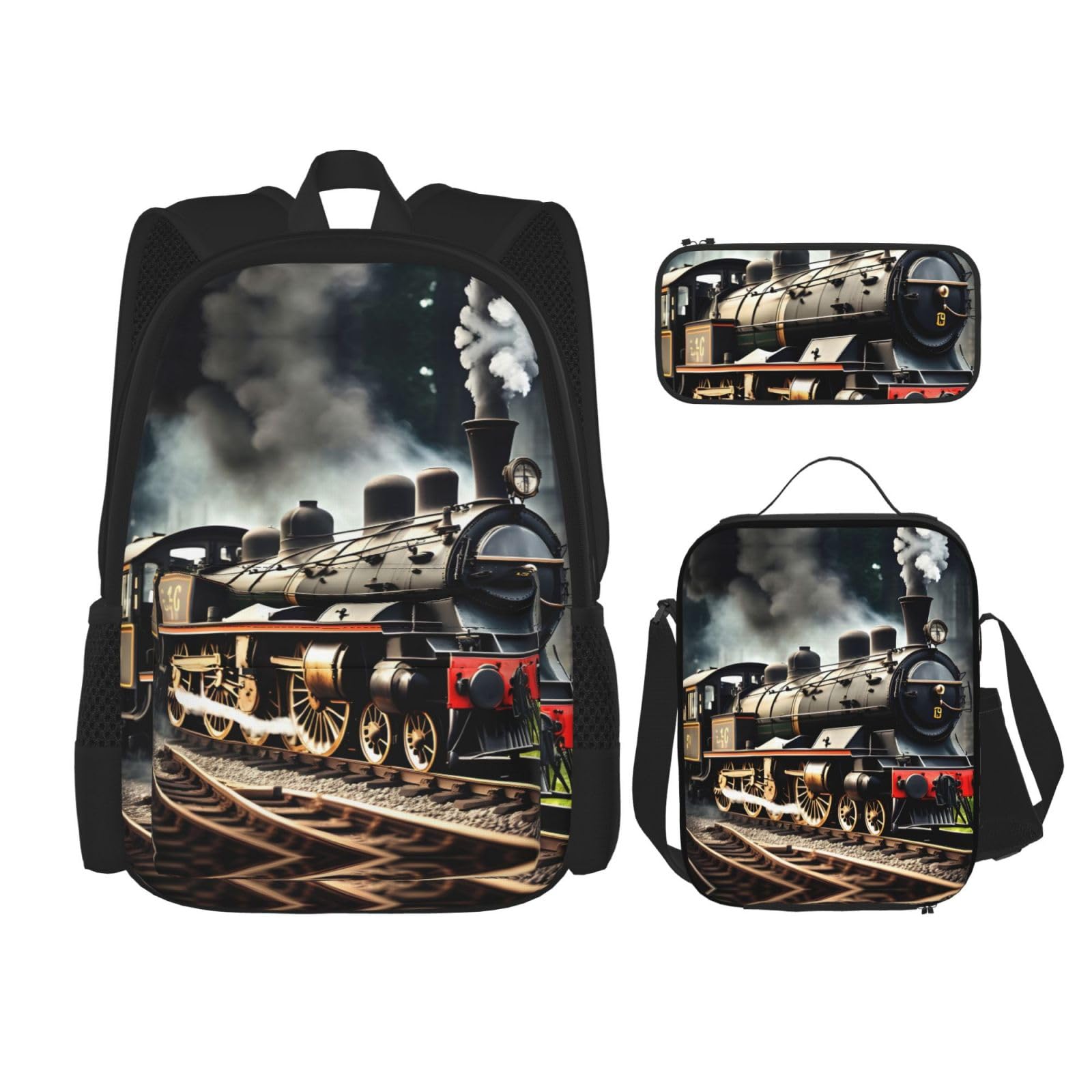 WURTON Dampflokomotive Zug Druck Lunchbox Federmäppchen Rucksack Set 3 Stück Verstellbare Gurte Langlebig Leicht, Schwarz, One Size