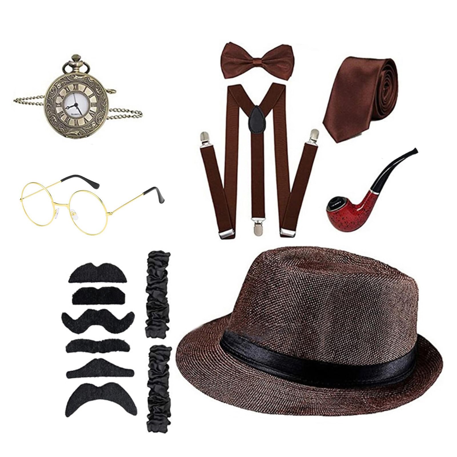 HDKEAN Modisches Gangster-Kostüm, 1920er-Jahre-Kostüm, Outfit mit Taschenuhr, Schnurrbärte, Fliege, Abschlussball, Partyzubehör, Maskeraden, Partyzubehör