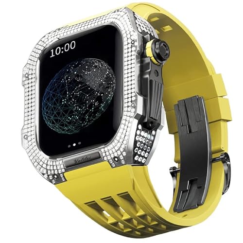 KANUZ Uhren-Modifikationsset, Luxus-Uhrenarmband-Set für Apple Watch 6, 5, 4 SE, 44 mm, luxuriöses Fluorkautschuk-Armband, Titangehäuse für iWatch 6/5/4/SE, 44 mm, Serie, Upgrade-Modifikation (Farbe: