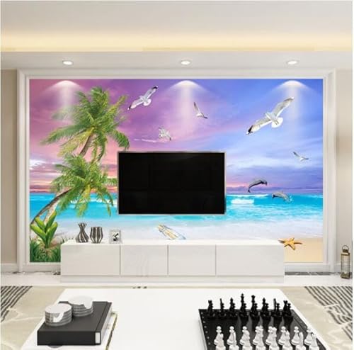 Tapete Wandbild 3D Benutzerdefinierte Wohnzimmer Mit Meerblick, Kokospalmen, Strand, Schnellboot, Delfine, Tv-Hintergrund, Strandlandschaft, Blauer Himmel Und Weiße Wolken, Wandverkleidung-200Cmx140Cm