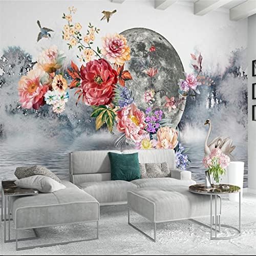 XLMING Blume-Vogel-Mond-Wand Küche Esszimmer Arbeitszimmer Wohnzimmer TV Hintergrund Wand 3D Tapete-400cm×280cm