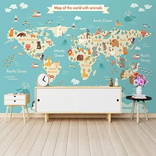 XLMING Cartoon Tier Weltkarte Küche Esszimmer Arbeitszimmer Wohnzimmer TV Hintergrund Wand 3D Tapete-200cm×140cm