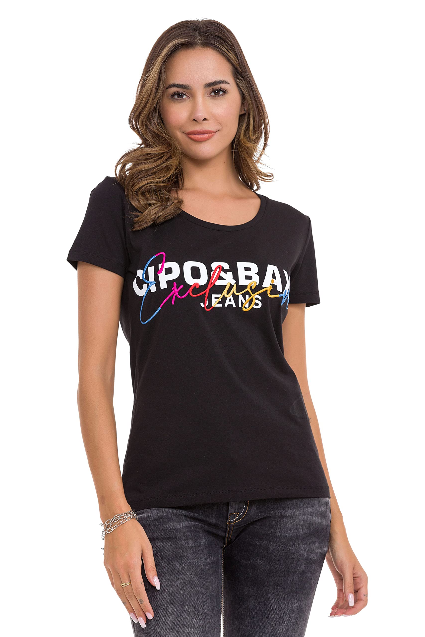 Cipo & Baxx Damen T-Shirt Stickerei Tops Shirt Kurzarm Baumwolle WT370 Schwarz S