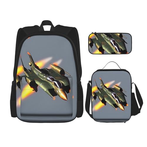 WURTON Jet Fighters Print Travel Lunch Box Pencil Case Backpack Set 3 Pieces Adjustable Straps Lightweight, Schwarz, Einheitsgröße