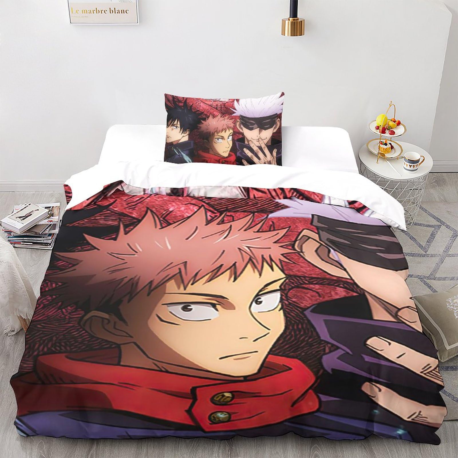 UKALOU Jujutsu Kaisen Gojo Satoru Bettwäsche Set 3D Bettwäsche Set 3 Teilig Mikrofaser Bettbezug Mit Reißverschluss Und Kissenbezug Weich Haltbar Atmungsaktive Single（135x200cm）