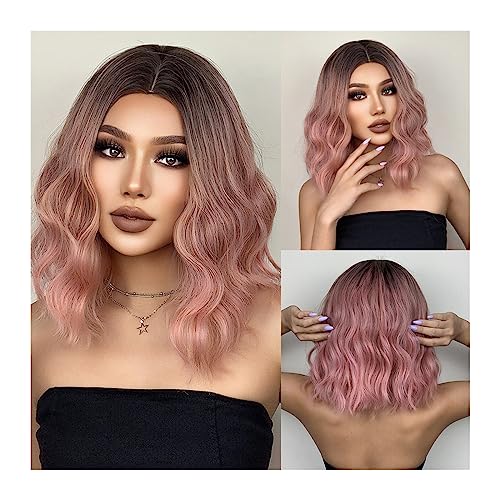 Perücken Rosa bunte Bob-Haare, schulterlange Cosplay-Perücke, hitzebeständige Faser-Synthetik-Perücke for Frauen, kurze gewellte Perücken mit Pony, täglich Damenperücke(Wig-LC061-1)