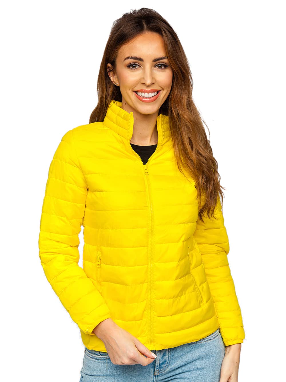 BOLF Damen Übergangsjacke Steppjacke Stehkragen Daunenjacke Reißverschluss Sportjacke Zip Wärme Freizeit Sport Basic Outdoor Casual Style 1141 Gelb S [D4D]