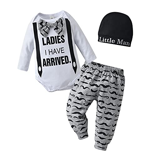 Tinykeke Neugeborenes Baby Jungen Kleidung Langarm Strampler Ladies I Have Arrived Tops + Hut + Bartmuster Hose 3 TLG Babykleidung Set (0-3 Monate)