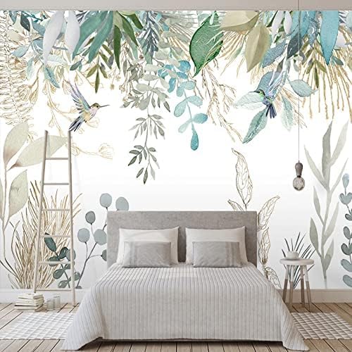 XLMING Handbemalte Botanische Blattblumen- Und Vogelwand Küche Esszimmer Arbeitszimmer Wohnzimmer TV Hintergrund Wand 3D Tapete-350cm×256cm