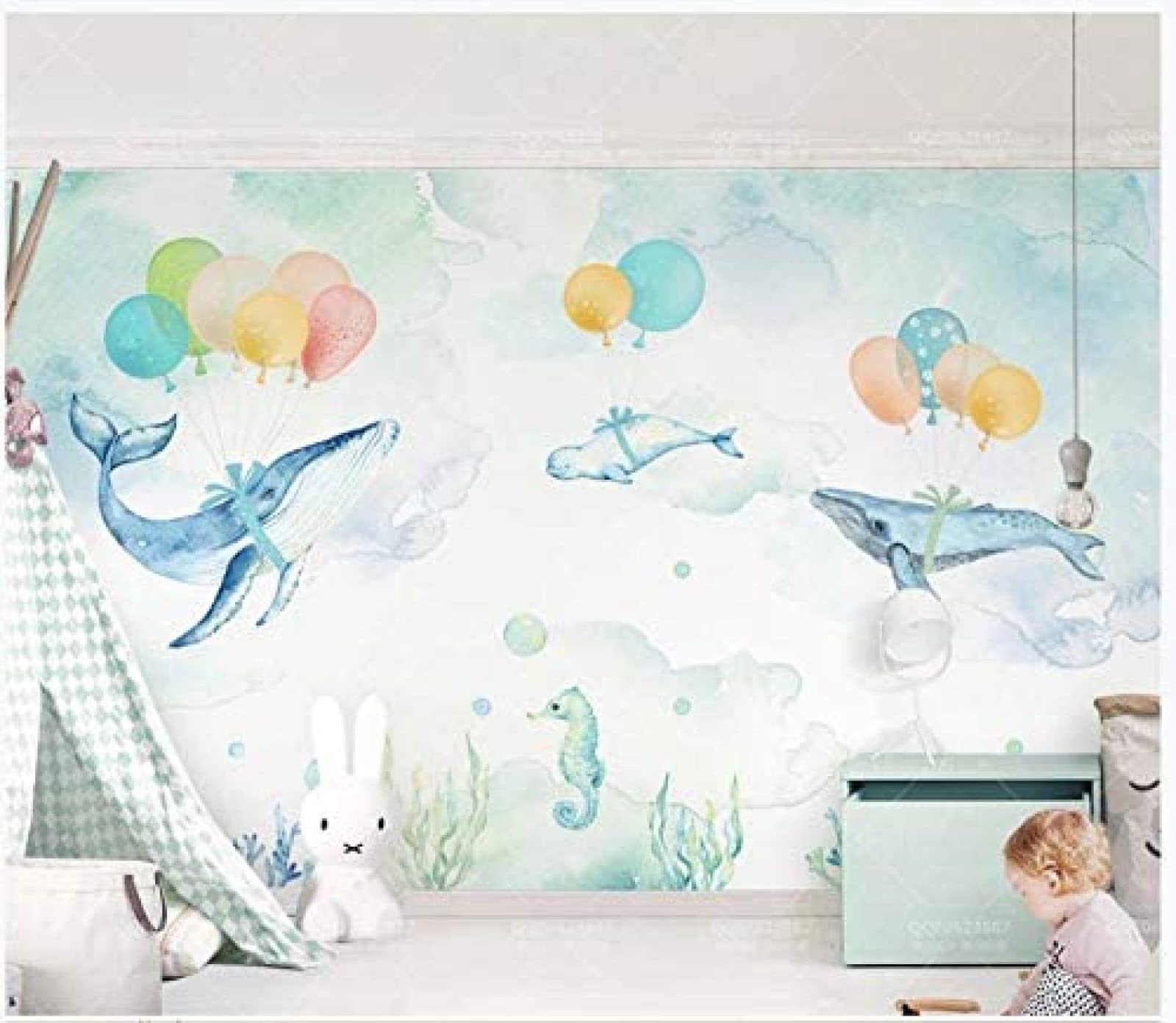 XLMING Aquarell Whale Balloon Seal Sea World Cartoon Kinder Hintergrundwand wohnzimmer tapeten tapete wand für schlafzimmer retro geometrisch fototapete-400cm×280cm