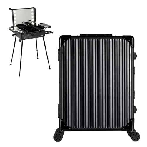 Aluminium-Trolley, Make-up-Zugkoffer mit LED-Leuchten, professioneller Kosmetik-Organizer für Studio, 3 Lichtschattierungen, Räder und Ständer (Black Stripe 58X45X23cm)