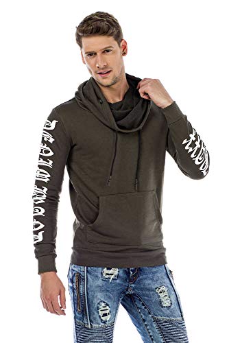 Cipo & Baxx Herren Sweatshirt Schalkragen Hoodie Casual Sweat Pullover Langarm Pulli mit Kordelzug Khaki S