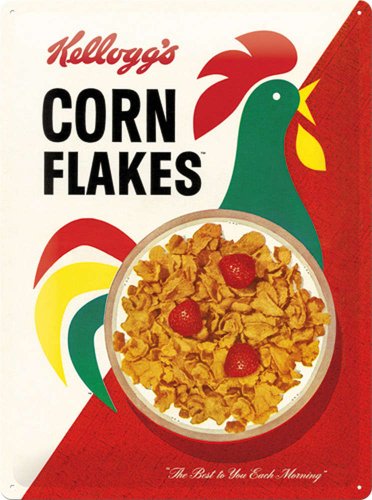 Nostalgic Art Kellogg's – Corn Flakes Cornelius – Geschenk-Idee für Nostalgie-Fans Blechschild, Metall, Bunt, 30 x 40 cm