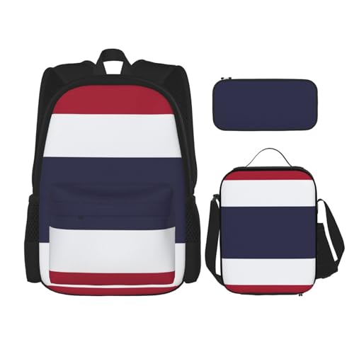 WURTON 3-in-1-Set mit Thailand-Flagge, lässig, verstellbar, Schulter-Rucksack, Lunch-Tasche, Federmäppchen, Beutel, Schwarz, Einheitsgröße