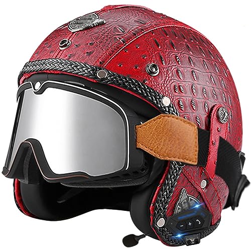 Vintage Motorrad Bluetooth Helm Jethelme, ECE Zertifiziert 3/4 Halbhelme Retro Mofa-Helm Rollerhelm Scooter-Helm Roller Chopper Sturz-Helm Motorradhelm Damen Herren,Red-M(57~58cm)