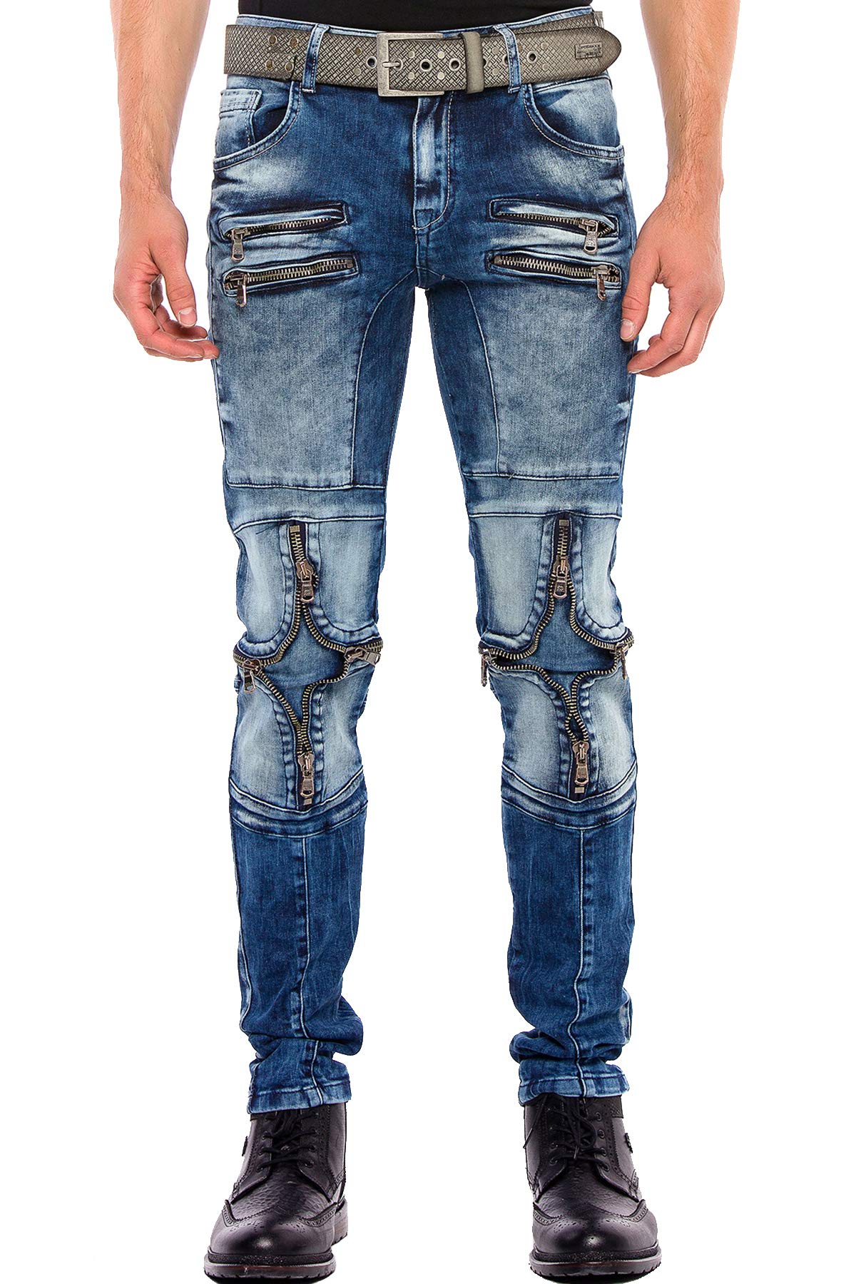 Cipo & Baxx Herren Jeans Hose Regular Fit Biker Denim Verwaschen Reißverschluss 5-Pocket Jeanshose Blau W42 L32