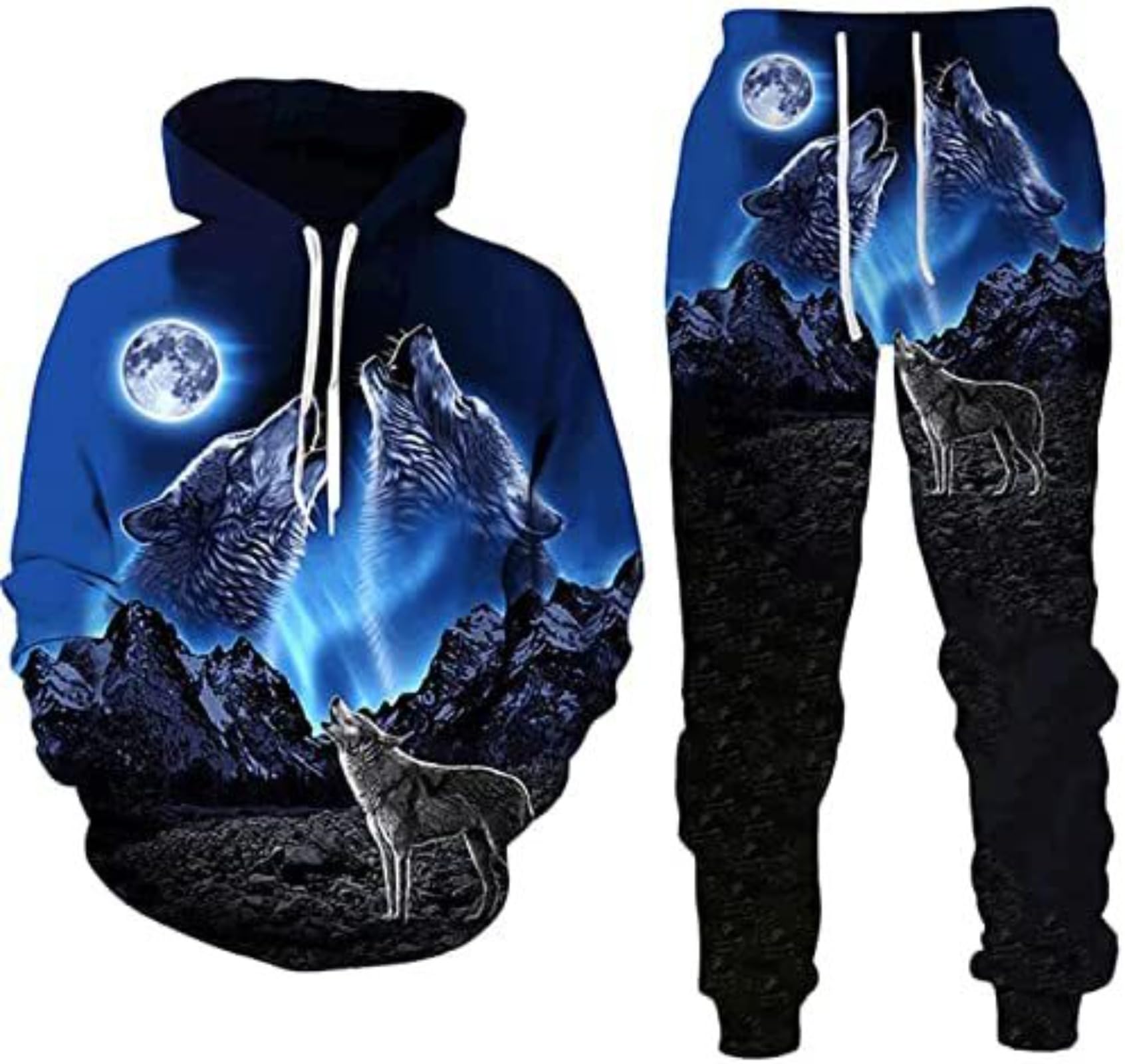 RIAAJ 3D wolf Druck Hoodie Herren Jogginganzug Unisex Sweatshirts Hoody + Hose Sets (A1,2XL)