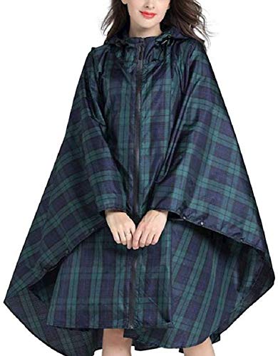 Damen Regenponcho Regenmantel Unisex Regenjacke Wasserdicht Radfahren Regen Poncho Portable Leichte Regencape Wiederverwendbar mit Kapuze wasserdicht mit Reißverschluss im Freien (Grün-Gitter)