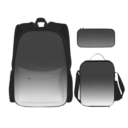 WURTON Lunchbox mit weißem bis schwarzem Druck, Federmäppchen, Rucksack-Set, 3-teilig, verstellbare Riemen, langlebig, leicht, Schwarz, One Size