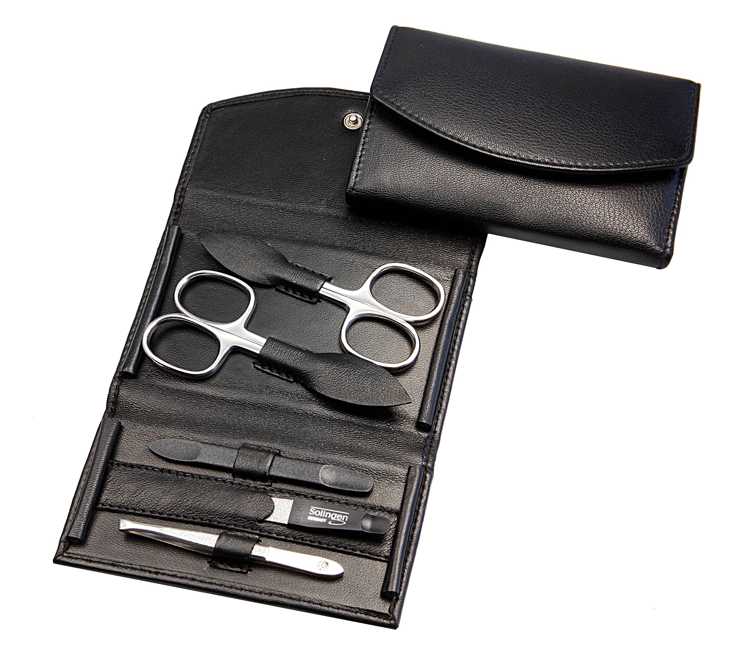 Maniküre Set - 5 teiliges Nagelpflegeset - Echtes Nappa-Lammleder Manicure Etui - Nagelschere, Hautschere, Nagelfeile, Pinzette und Doppelinstrument (Schwarz)