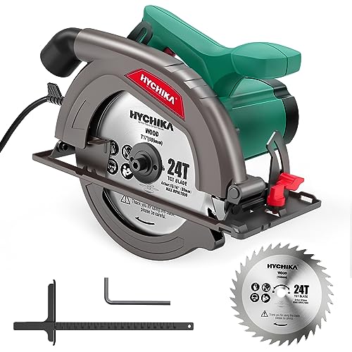 Handkreissäge, 1300W 4500RPM HYCHIKA Kreissäge 185mm, Leistungsstarker Motor, Schnitttiefe 65mm (90º), 45mm (45º), führungsschiene, Staubabsaugung, zum Schneiden von Holz/Kunststoff