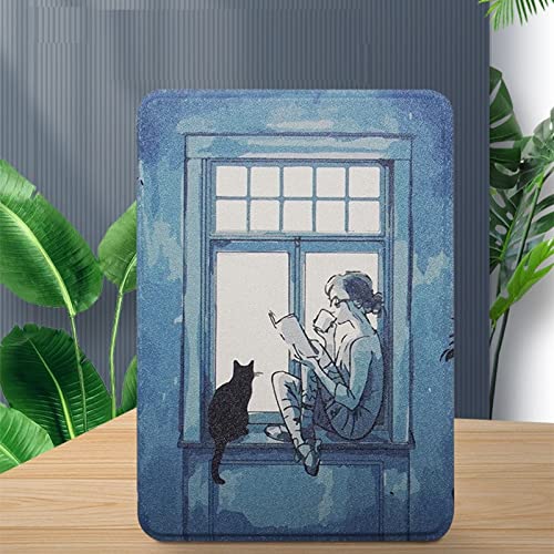 NagpintS Slimshell Case für 6,8" Kindle Paperwhite (11. Generation - 2021) und Kindle Paperwhite Signature Edition - Leichte PU-Lederhülle mit Auto Sleep/Wake-Mädchen und Katze