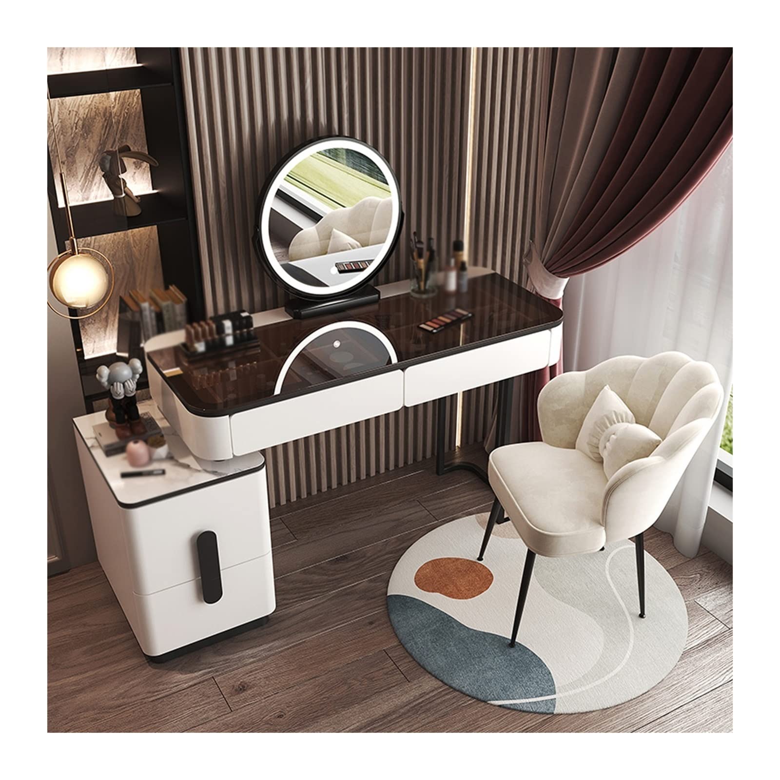 Schminktisch Make-up-Schminktisch mit Spiegelglas, Schminktisch, moderner, einfacher, fortschrittlicher Holz-Schminktisch, Schlafzimmer-Aufbewahrung, Schminktisch, intelligenter Spiegel, Make-up-Hocke