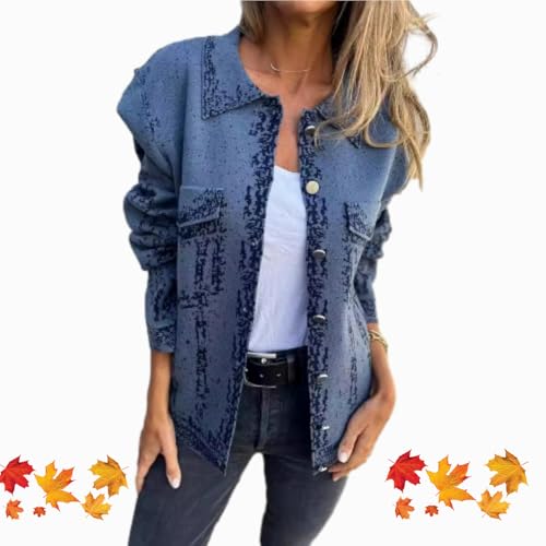 WINDEHAO Damen Gestrickte Revers Langarm Freizeitjacke Herbst Winter Trendy Langarm Jacke mit Taschen Metallschnalle Revers Jacke