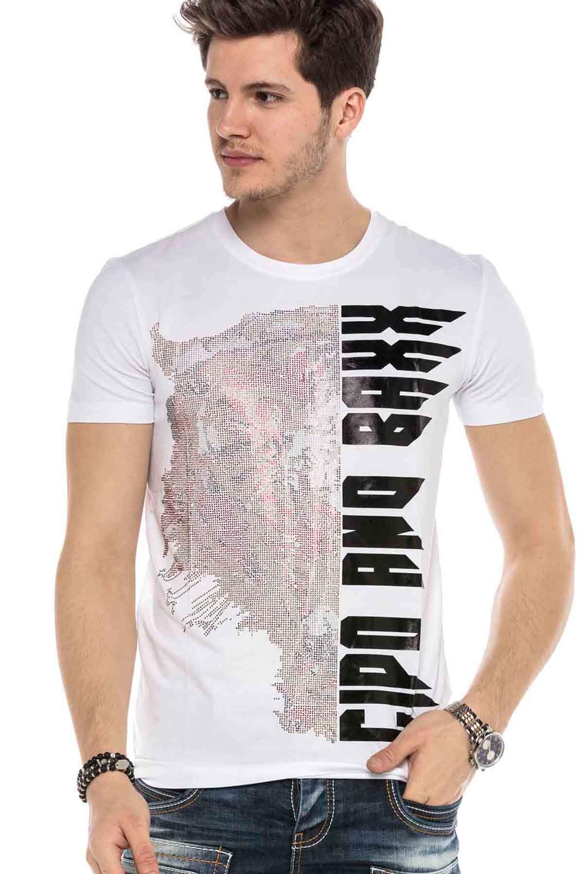 Cipo & Baxx Herren Rundhals T-Shirt Tiger-Print Pailletten Freizeit Shirt CT552 Weiß S