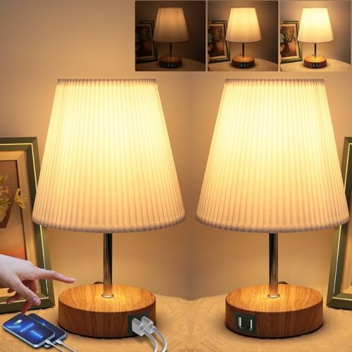 Nachttischlampe 2er set: Tischlampe mit 2 USB Schnellladeanschlüssen & Touch dimmbare Glühbirne 3 Helligkeitsstufen Einstellbar Schreibtischlampe minimalistische für Lesen Wohnzimmer Kinderzimmer