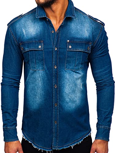 BOLF Herren Jeanshemd Langarm Freizeithemd Langarmhemd Denim Western Denimshirt Bügelleicht Farbwahl Classic Basic Slim Fit Casual Style MC702BC Blau(Hell) L [2B2]