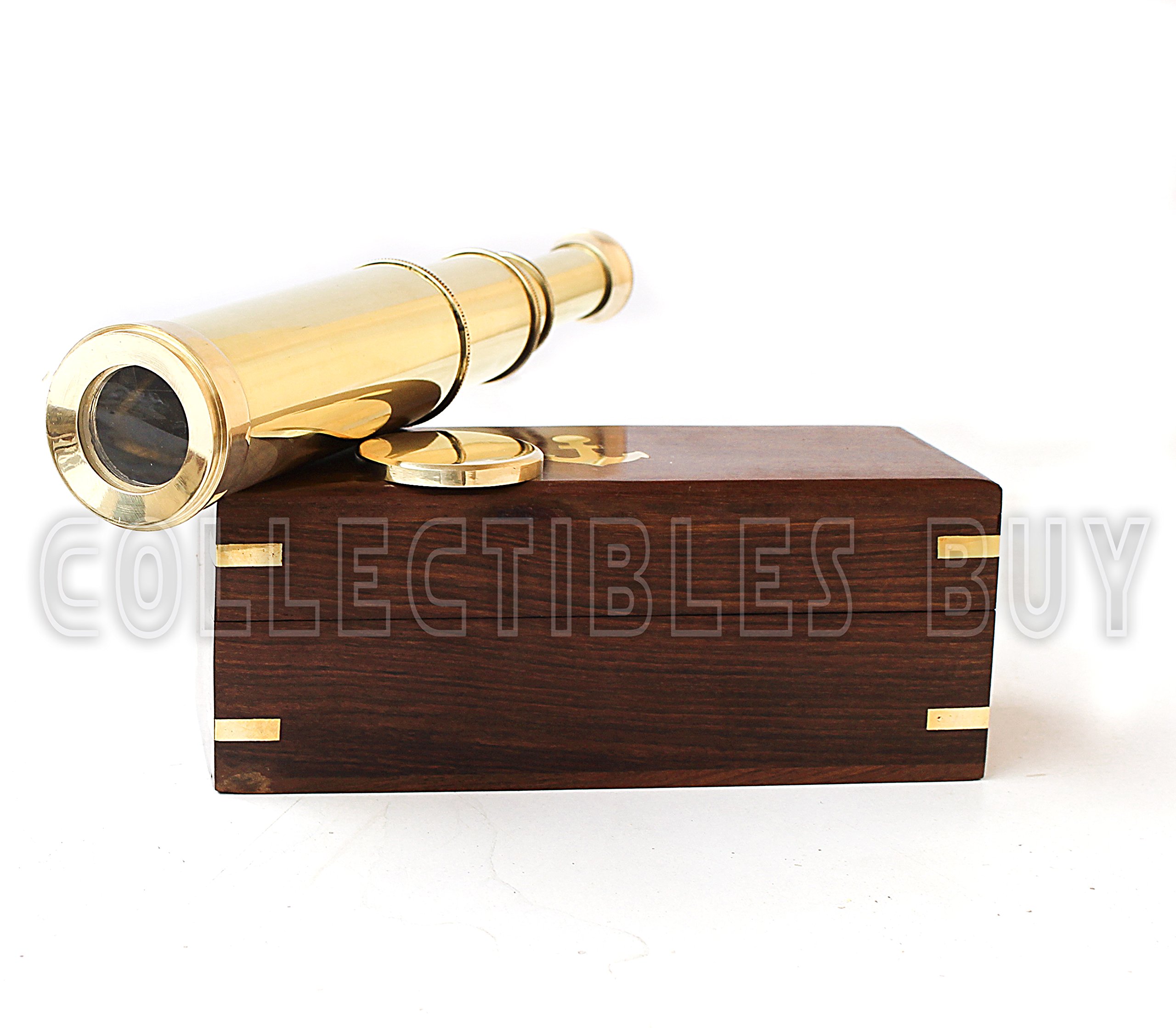 14" Handheld Nautical Three Fold Brass Telescope Maritime Wooden Box Navigation