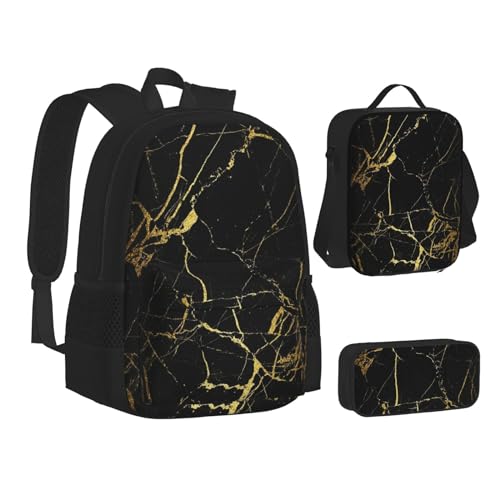 WURTON Büchertasche mit mexikanischem Otomi-Tierdruck, Lunch-Tasche, Federmäppchen, 3-in-1, Schulrucksack-Set, Kinderrucksack, Schwarz Gold Marmor, Einheitsgröße