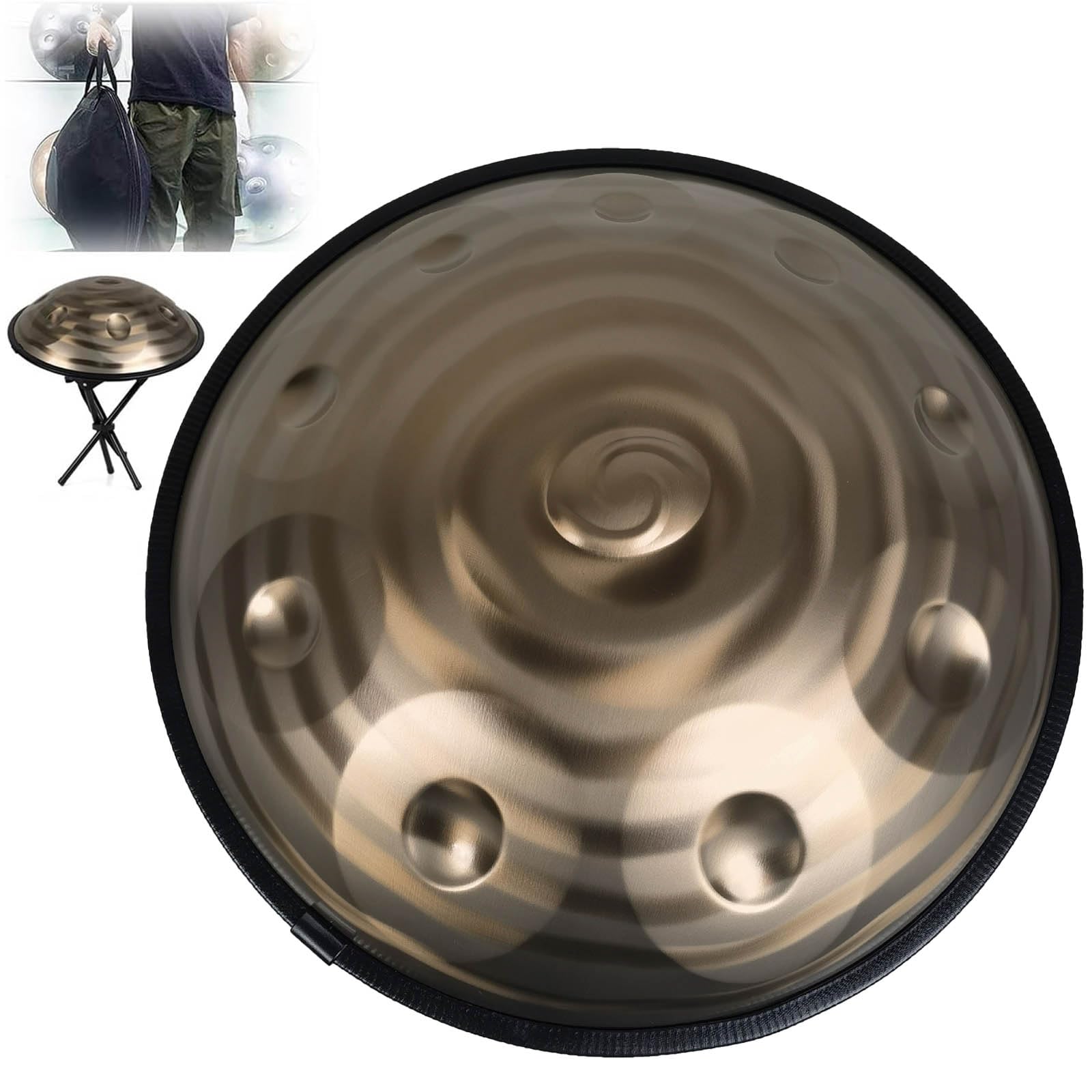 Handpan-Trommelinstrument, 9/10/12 TöNe, 22 Zoll Handtrommel Aus Stahl Mit Weicher Handpan-Tasche, 2 HandpfannenschläGel, Handpan-StäNder, Zur Klangheilung,10 notes