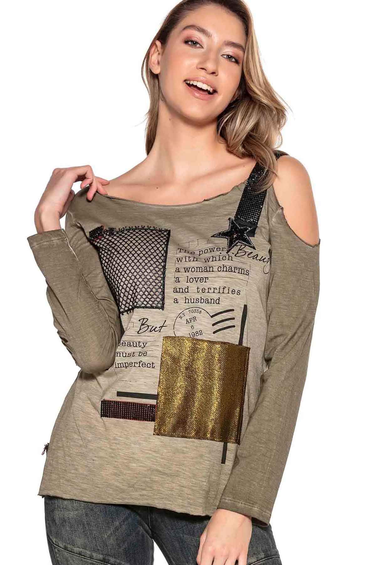 Cipo & Baxx Damen Longsleeve Sweatshirt Langarmshirt Pullover One-Shoulder-Stil Glitzer Cut-Out im Schulterbereich Khaki XL