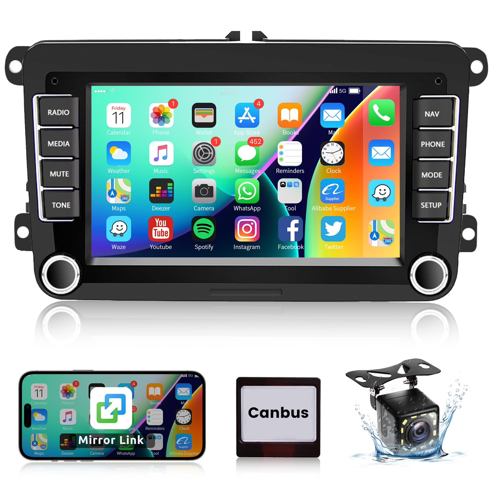 Hodozzy Android Autoradio für VW Golf 5 Golf 6 Polo Skoda Seat,7 Zoll Touchscreen Bildschirm Navi WiFi Bluetooth FM RDS AUX/USB Mirrorlink Multimedia-Radio für VW Rückfahrkamera