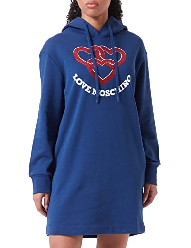 Love Moschino Women's Long-Sleeved Hoodie with Chained Hearts Print Dress, Blue, 48