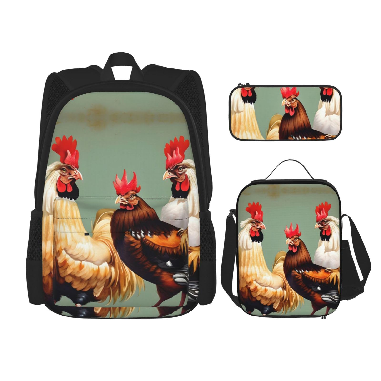 WURTON Lunchbox mit Hahn- und Huhn-Aufdruck, Federmäppchen, Rucksack-Set, 3-teilig, verstellbare Riemen, langlebig, leicht, schwarz, Einheitsgröße, Schwarz , Einheitsgröße