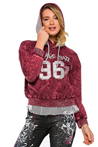 Cipo & Baxx Damen Langarmshirt Sweater Kapuzenpullover Hoodie Sweatshirt Ziersteine Print Netzgewebe Burgundy L