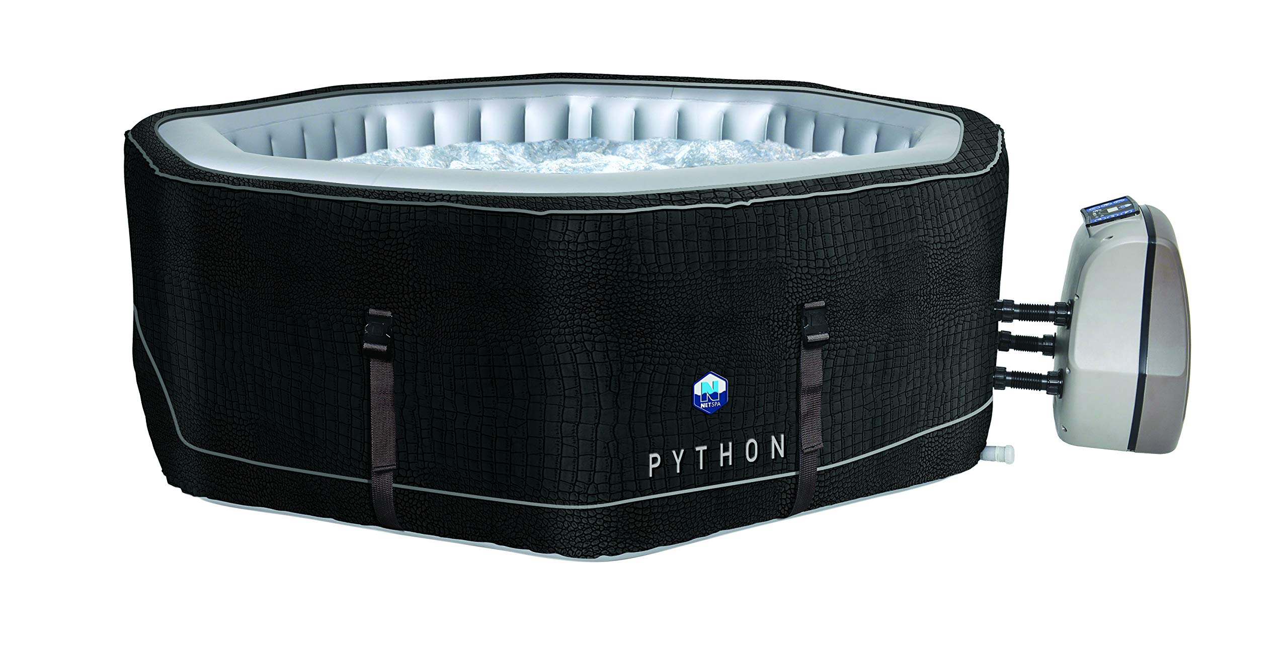 JUNG Python Design Whirlpool aufblasbar achteck, Krokodil-Optik, 5 Personen SPA Selbstaufblasend, beheizter Pool Outdoor & Indoor, Ø 185cm, 130 Wellness Luftdüsen