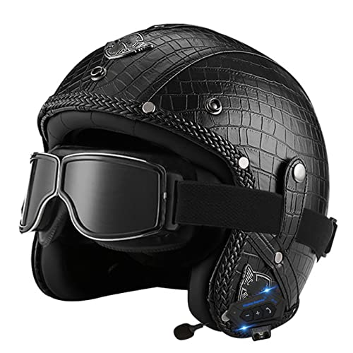 BGMKE Motorrad Leder Vintage Halbschalenhelm Mit Bluetooth Retro Halbhelme ECE Zertifizierung Erwachsene Halboffener Helm Herren Damen Chopper Halbschale Jet-Helm Rollerhelm