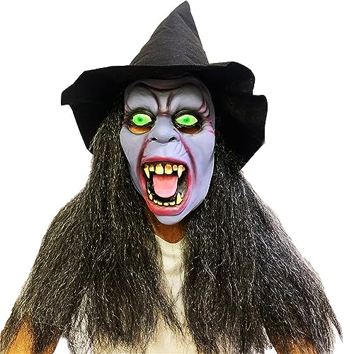 Aurgiarme Gruselige alte Frau Hexe mit Haaren Hut Horror Halloween Gesicht Gruseliges Cosplay Kostüm Fotoshootings Requisiten Geschenk Alte Frau Hexe für Erwachsene Realistische Alte Frau Mit Haaren