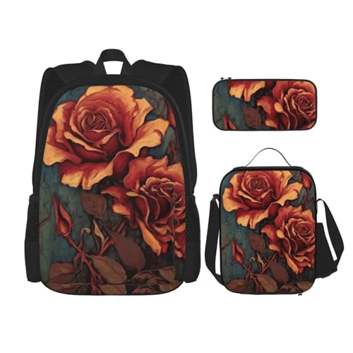 DENMER Mehrzweck-Schultasche mit japanischer Malerei, Pilz, mit passendem Federmäppchen und Lunch-Tasche, Ihre stilvolle All-in-One-Lösung, Gothic Rose, Einheitsgröße